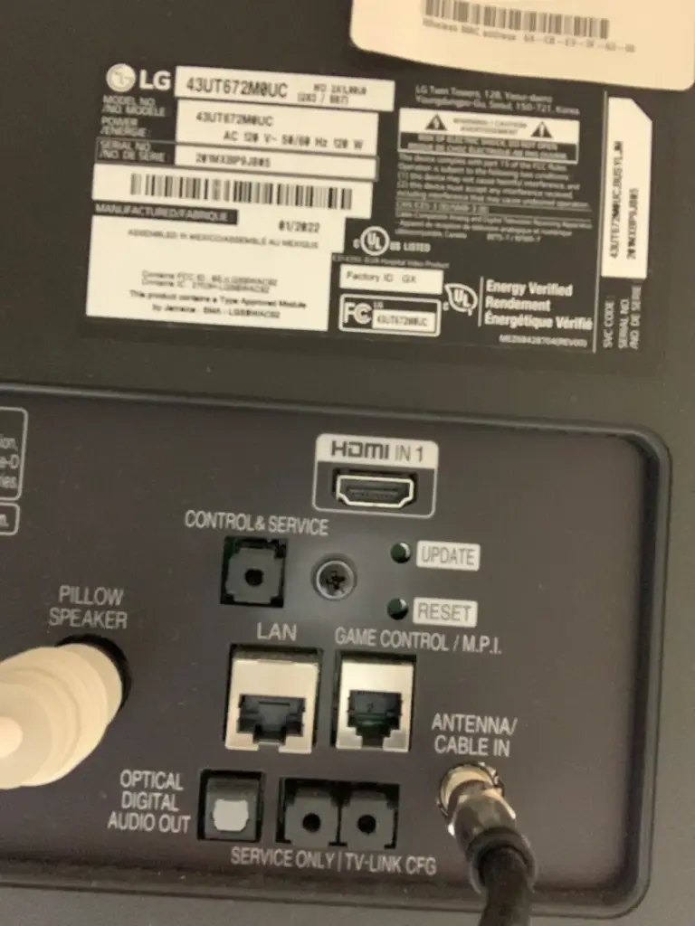 LG commercial television HDMI and pillow speaker connections