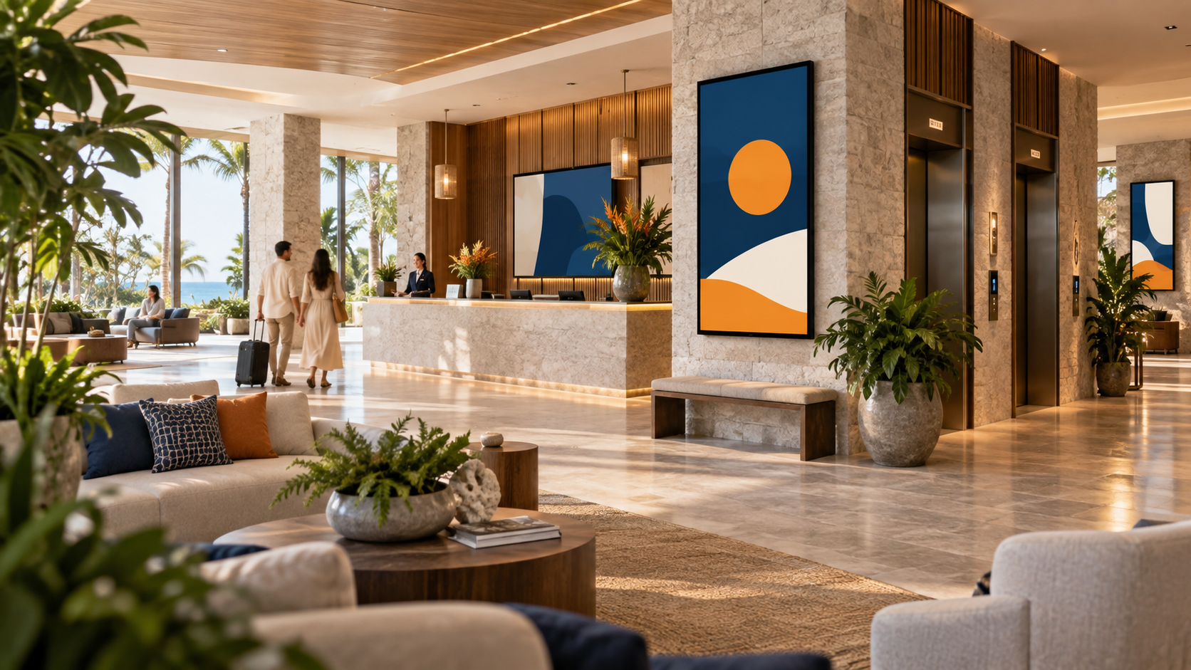 Resort lobby with digital signage for guest communication and wayfinding