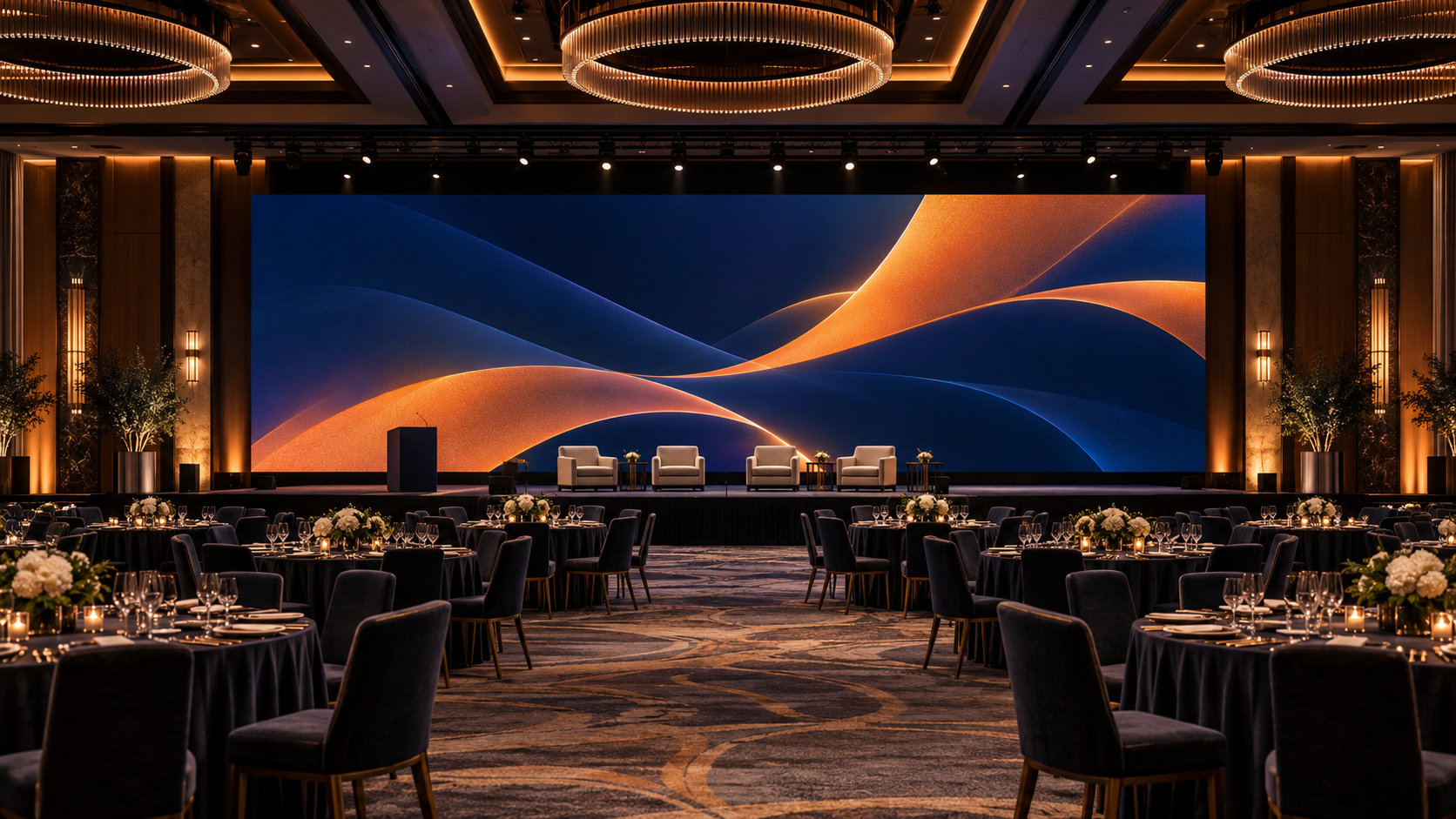 Hotel ballroom with a large LED video wall prepared for a live event