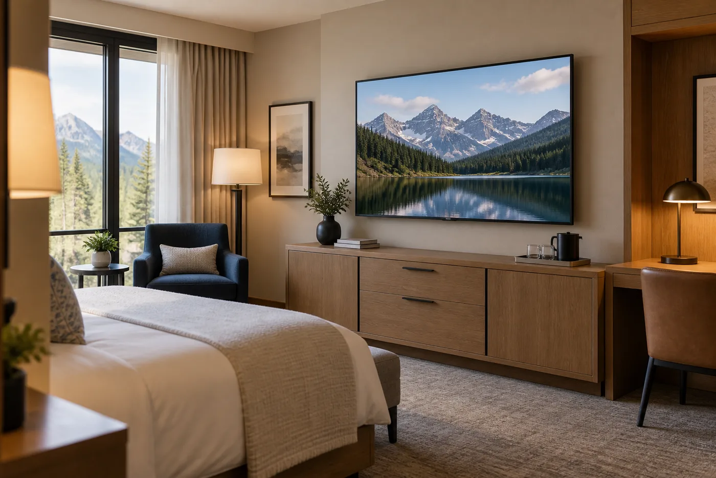 Illustrative environment; not a customer installation. Illustrative hotel guest room with a wall-mounted television and mountain scenery