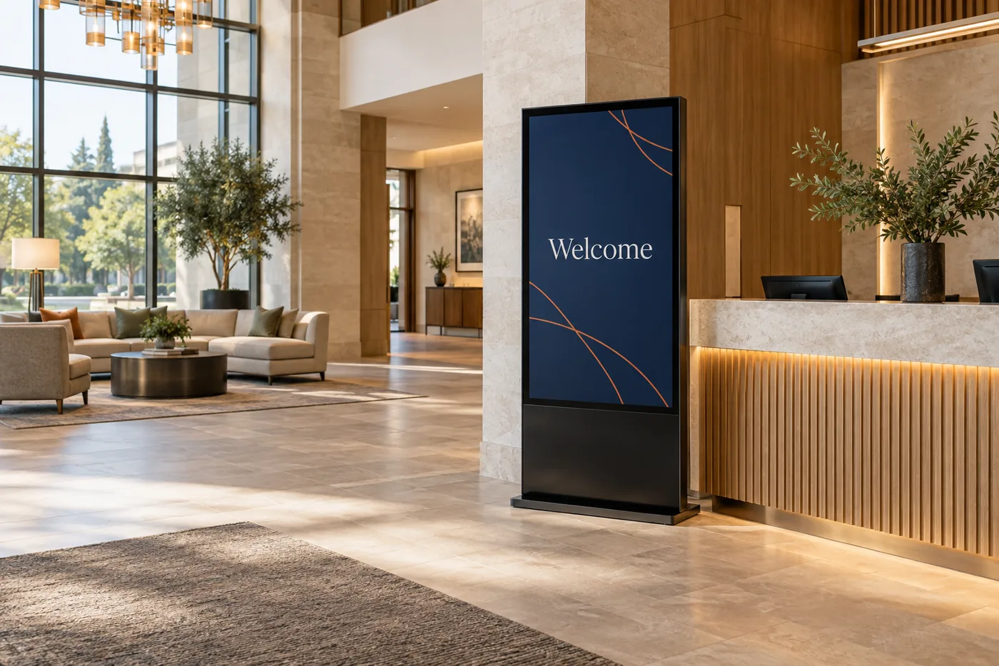 Illustrative environment; signage hardware and software depend on the selected configuration. Illustrative hotel lobby with a portrait digital signage screen